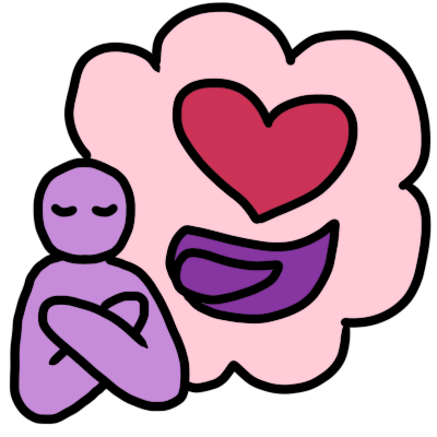A light purple figure with closed eyes and arms crossed over chest. big thought bubble with light pink background. inside the though bubble is  dark purple hand with a big loveheart over it.